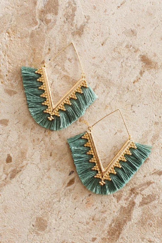 Drop Earrings for Graduation Day -Sheba Gold Fringe Earrings Green