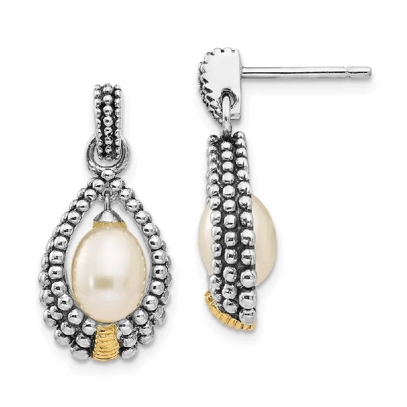 Drop Earrings with Chevron Designs -925 Sterling Silver 14k Yellow Gold Pearl Drop Earrings (L-20 mm, W-11 mm)