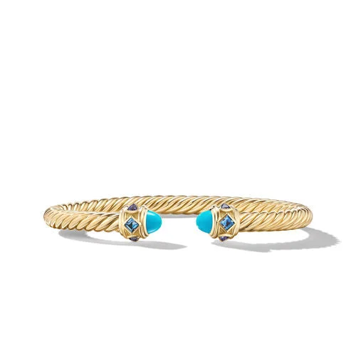 Bangles with rough opal for organic shine -Renaissance Bracelet in 18K Yellow Gold with Turquoise, Hampton Blue Topaz and Iolite, Size Medium