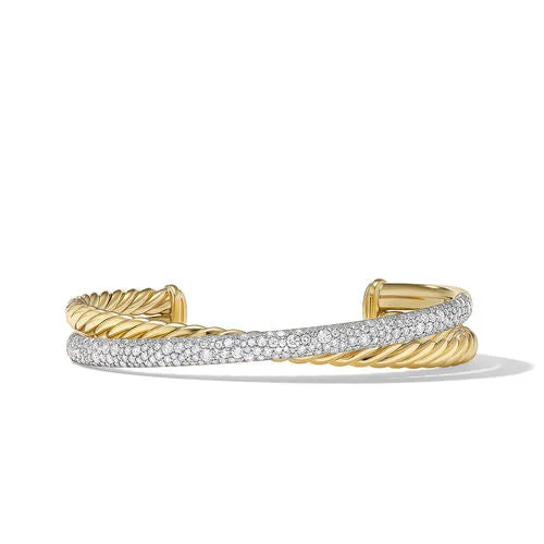 Rose gold bangles with geometric cutout designs -Pavé Crossover Two Row Cuff Bracelet in 18K Yellow Gold with Diamonds, Size Medium