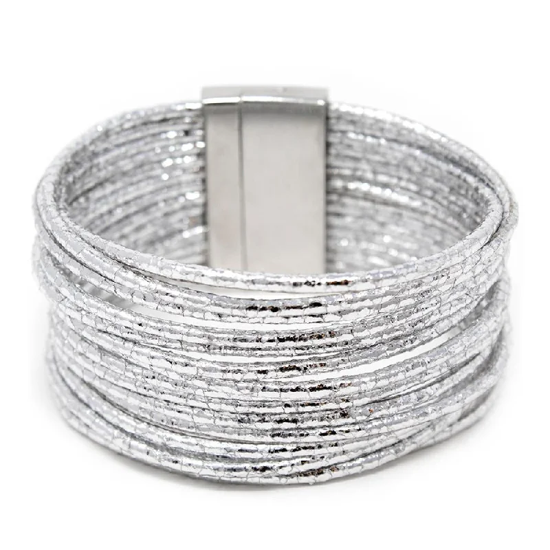 Bracelets with woven leather for rustic style -Multi Strand Wide Leather Bracelet Metallic Silver