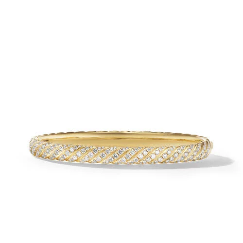 Bracelets with pearl beads for classic beauty -Sculpted Cable Bangle Bracelet in 18K Yellow Gold with Diamonds, Size Large