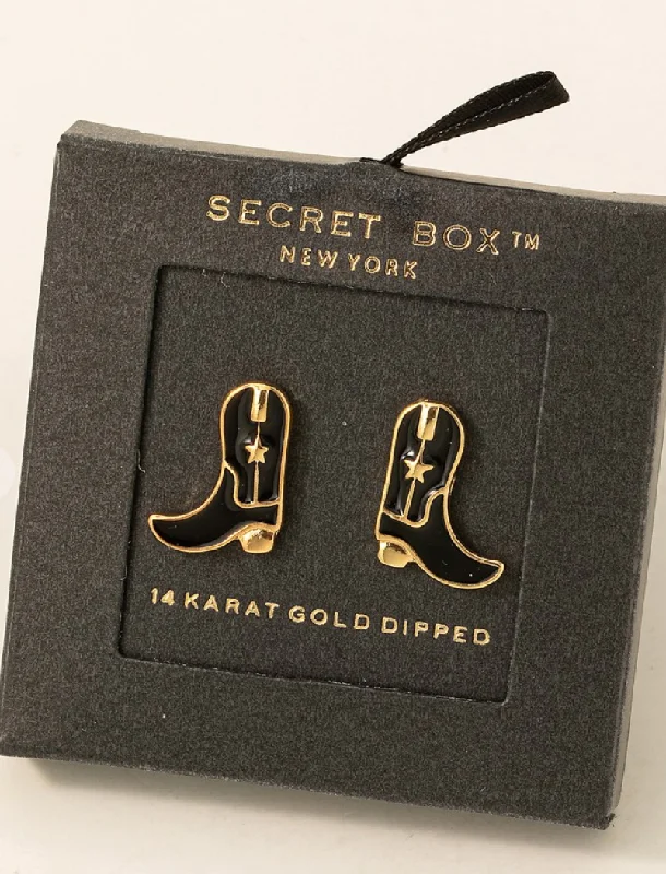 Clip On Drop Earrings for Non Pierced -Secret Box Black Cowboy Boot Earrings