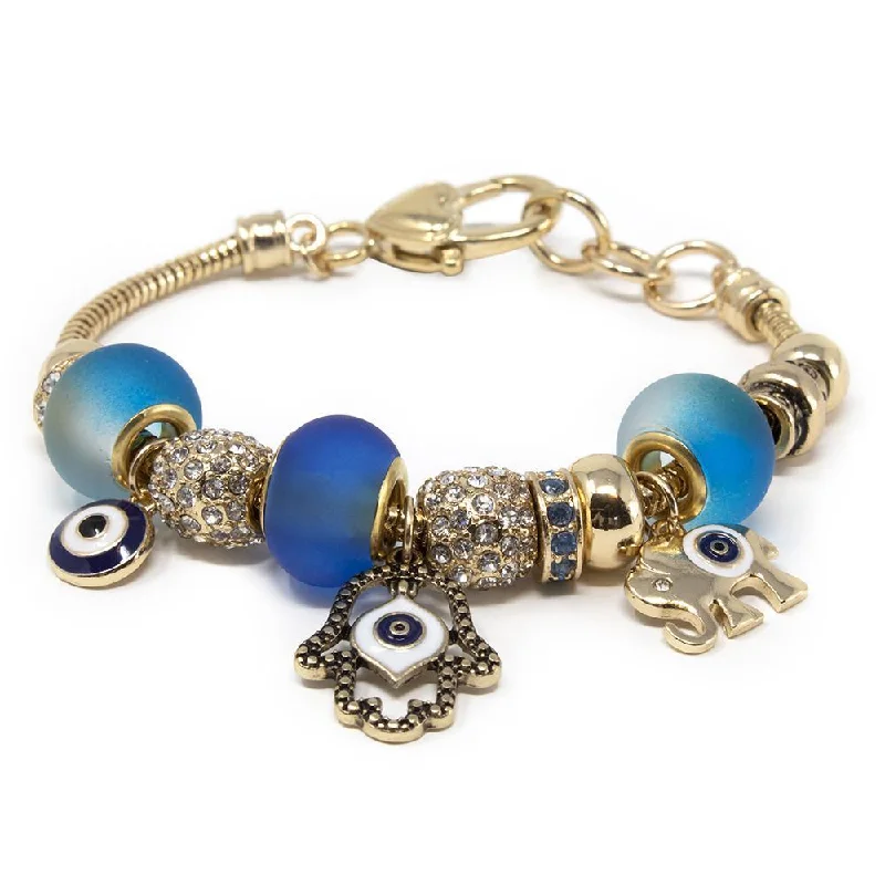 Bracelets with lotus motifs for spiritual vibe -Charm Bracelet Gold Tone Blue - Hamsa Hand