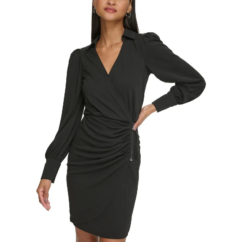 Work Dresses for Professional -Karl Lagerfeld Paris Womens Ruched Faux Wrap Mini Dress