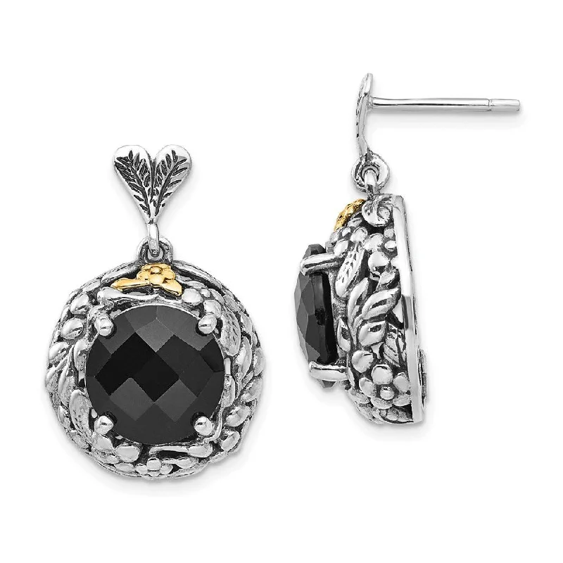 Drop Earrings with Debossed Designs -925 Sterling Silver Gold Plated Onyx Dangle Earrings (L-26 mm, W-16 mm)