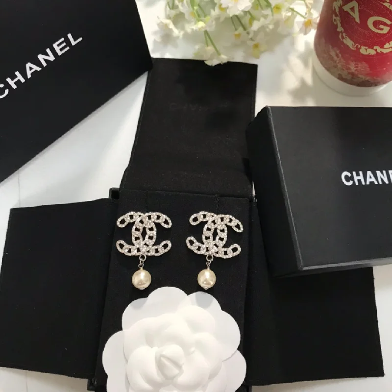 Rhinestone Drop Earrings for Sparkle -Chanel pure silver double C pendant pearl earrings EHA159