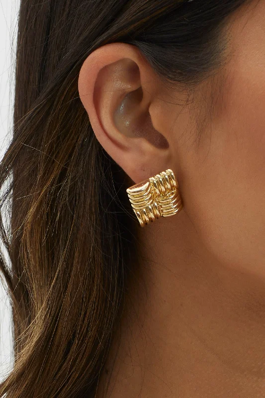 Drop Earrings with Debossed Designs -Manhattan Square Ribbed Earrings Gold