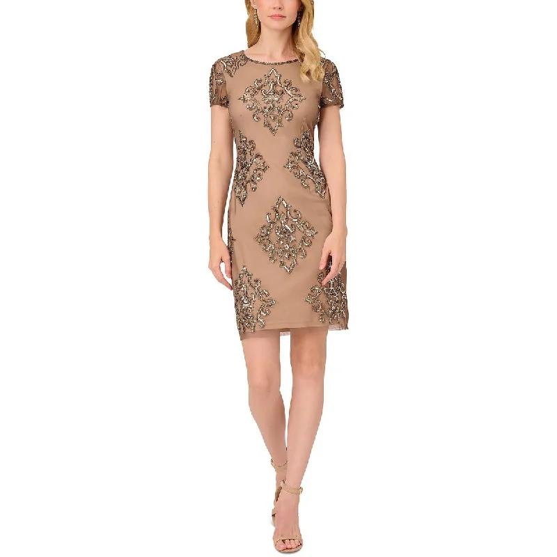 Studded Dresses for Statement -Papell Womens Mesh Beaded Sheath Dress