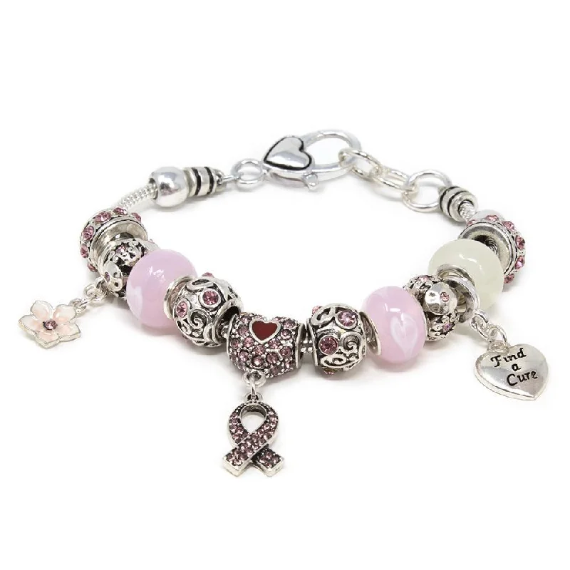 Bracelets with spiral designs for eye-catching twist -Charm Bracelet Pink Ribbon Crystal