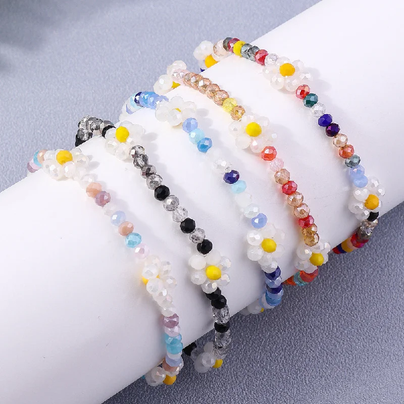 Bracelets with open cuff for easy wear -Wholesale Rice Beads Colorful Daisy Small Flowers Resin Bracelet