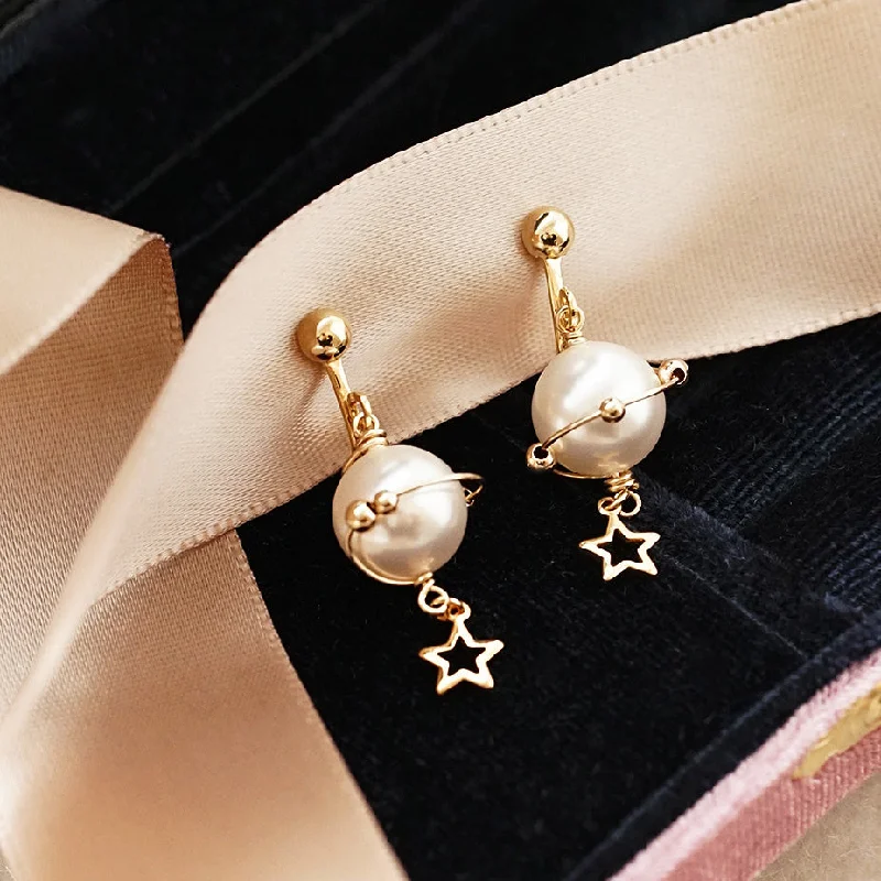 Drop Earrings for Graduation Day -Cute Pearl Hook Clip Earrings 14K Gold Plated Unique Handmade  Jewelry For Women