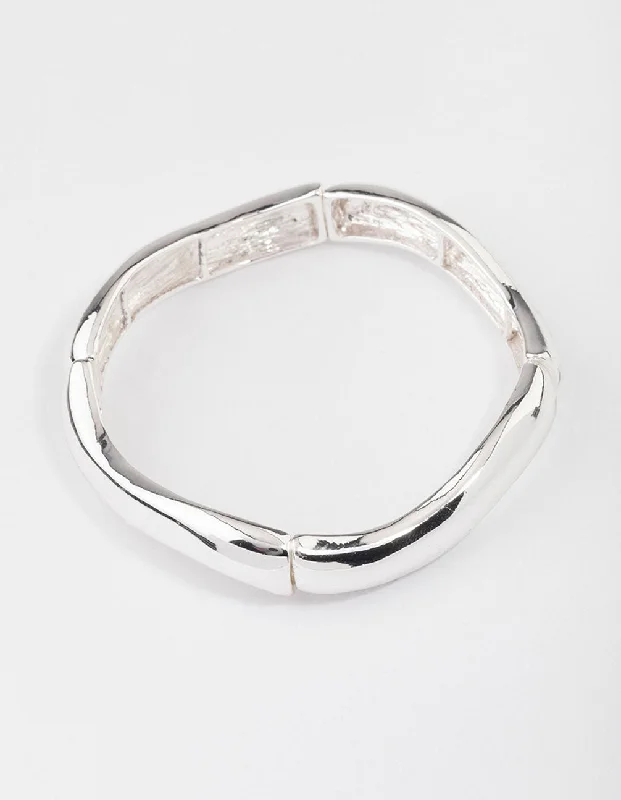 Bangles with personalized initial charm engravings -Silver Wavy Stretch Bracelet