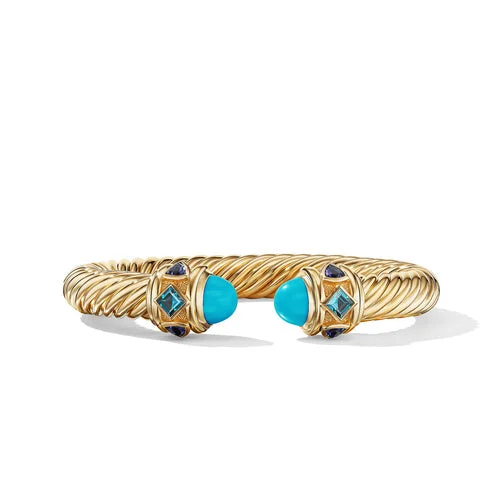 Bangles with personalized initial charm engravings -Renaissance Bracelet in 18K Yellow Gold with Turquoise, Hampton Blue Topaz, and Iolite