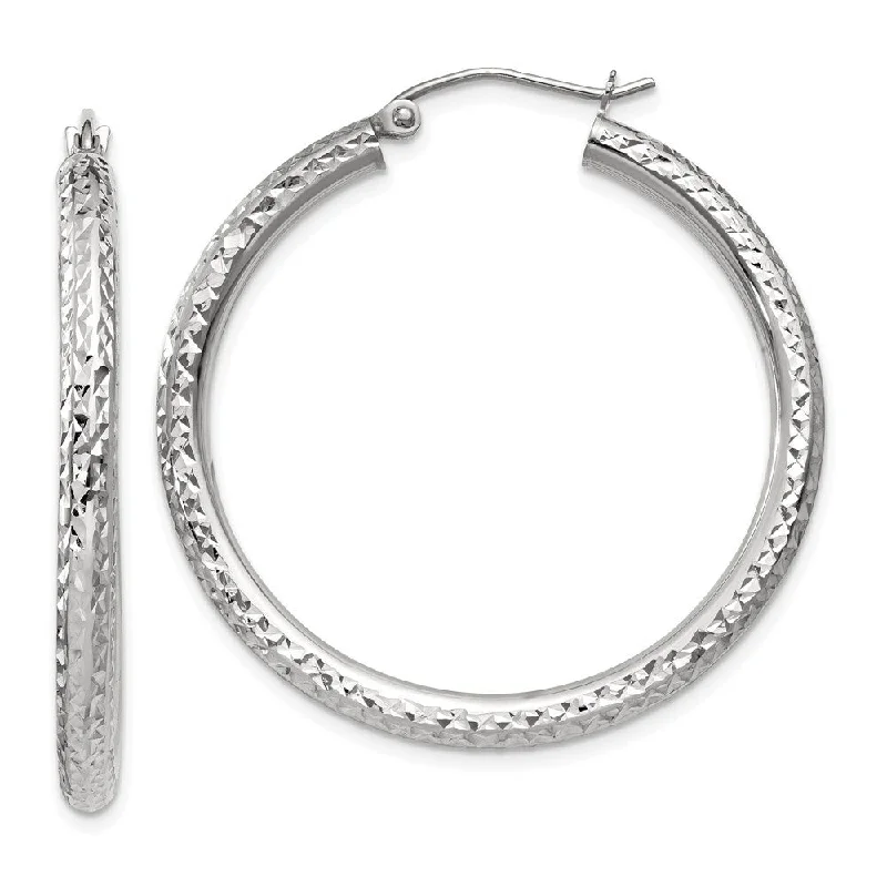 Hoop earrings with dangling charms for a playful and fun look-14k White Gold Diamond-cut Round Hoop Earrings (L-35 mm, W-3 mm)