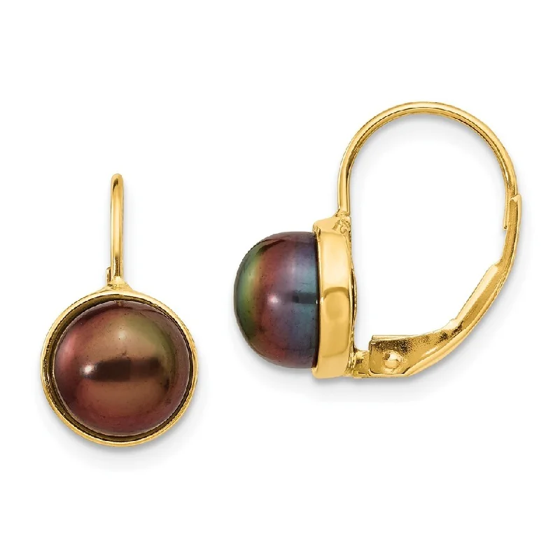 Hoop earrings with textured gold for a refined and sophisticated aesthetic-14k Yellow Gold Black Button Pearl Dangle Earrings w/ Leverback (L-16 mm, W-8 mm)