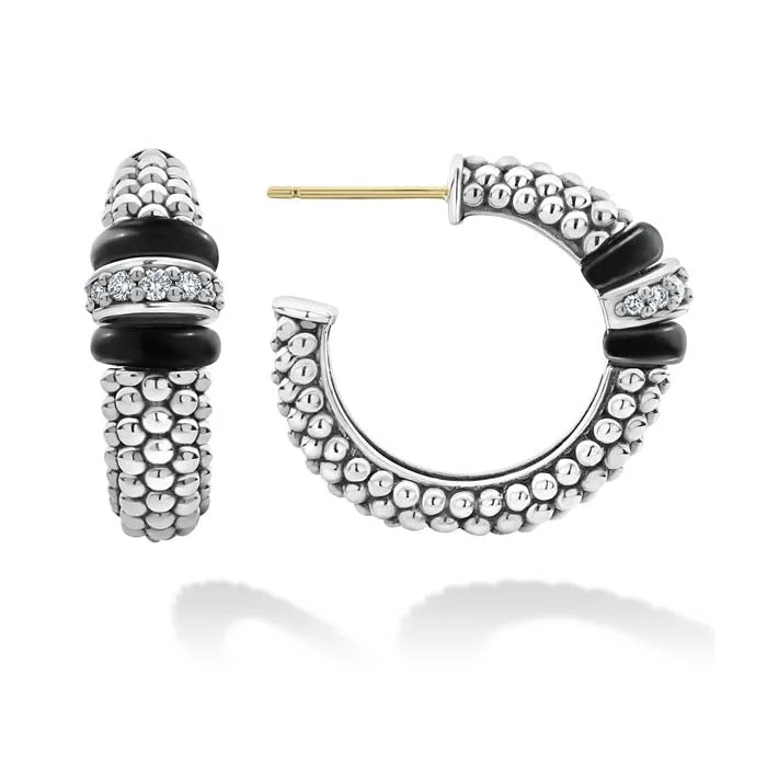 Best hoop earrings with angel wing accents for a spiritual and meaningful design-LAGOS Black Ceramic Caviar Diamond Hoop Earrings in Sterling Silver