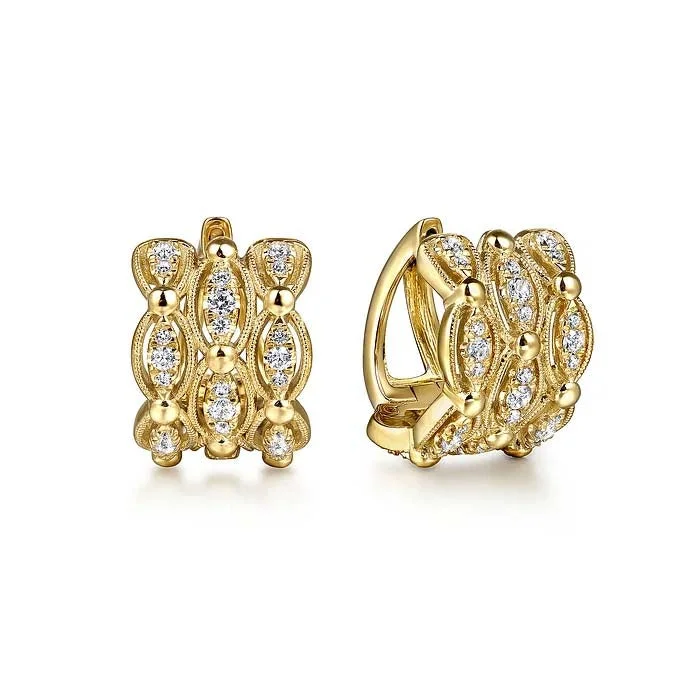 Hoop earrings with crescent moon shapes for a celestial and mystical appearance-Gabriel & Co. Bujukan Multi Row Diamond Huggie Earrings in 14K Yellow Gold