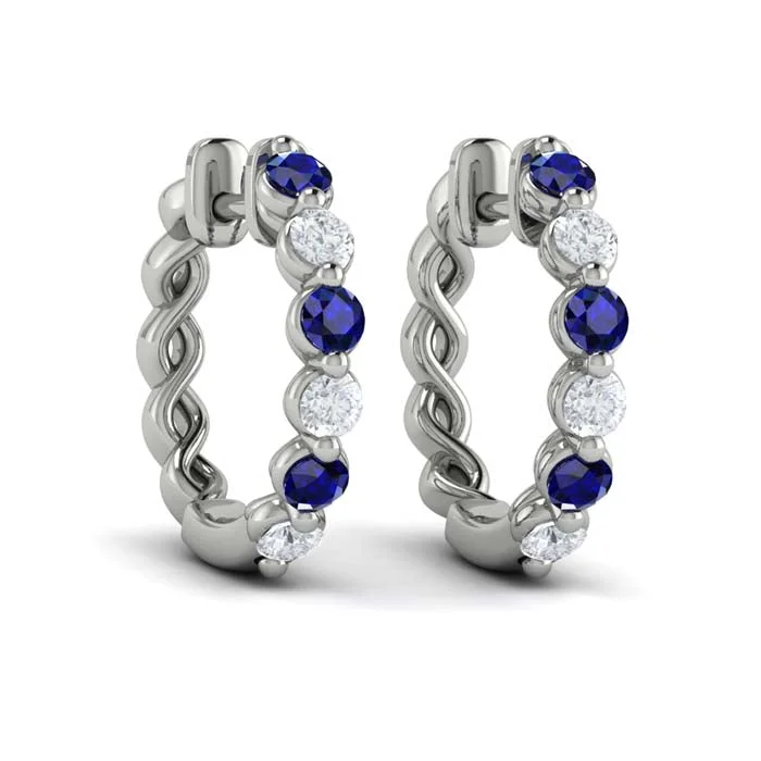 Best hoop earrings with marbled designs for a trendy and artistic effect-Vlora Diamond and Blue Sapphire Twist Hoop Huggie Earrings in 14K White Gold