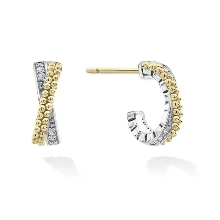 Hoop earrings with snake print designs for an edgy, wild appearance-LAGOS .08CTW Diamond Caviar Lux Small X Diamond Hoop Earrings in Sterling Silver and 18K Yellow Gold