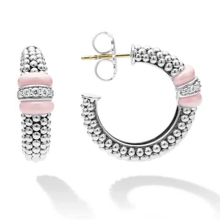 Best hoop earrings with matte finish for a sophisticated, understated design-LAGOS Pink Ceramic Caviar Diamond Hoop Earrings in Sterling Silver