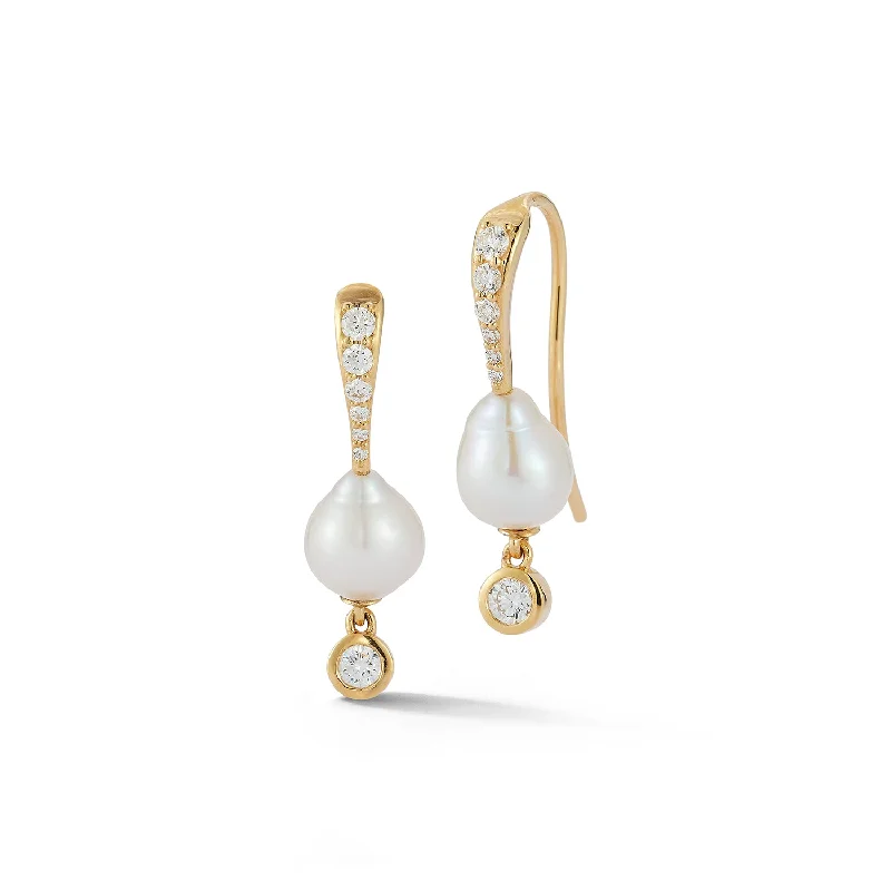 Hoop earrings with abstract wirework for an artistic, unique look-Dew Drop - Pearl and Diamond