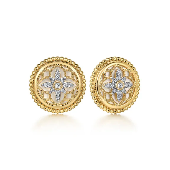 Best hoop earrings with hammered gold for a rustic yet elegant look-Diamond and Mother of Pearl Disc Earrings in 14K Yellow Gold