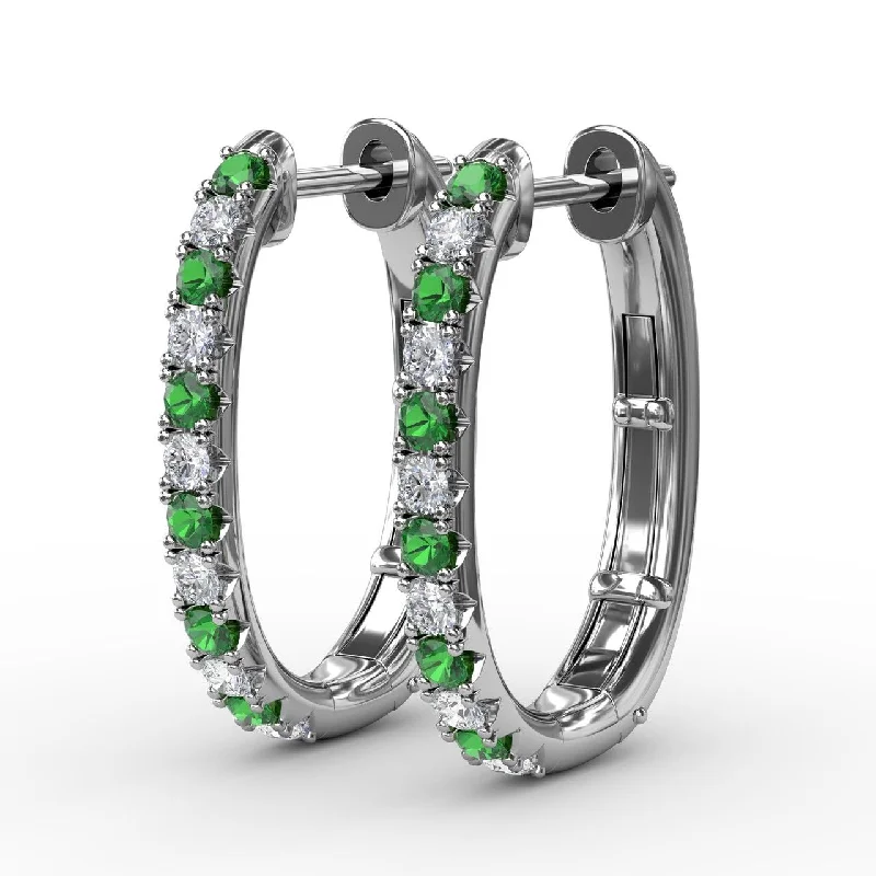 Best hoop earrings with gemstone accents for a colorful and elegant appearance-Diamond & Emerald Hoop Earrings in 14K White Gold