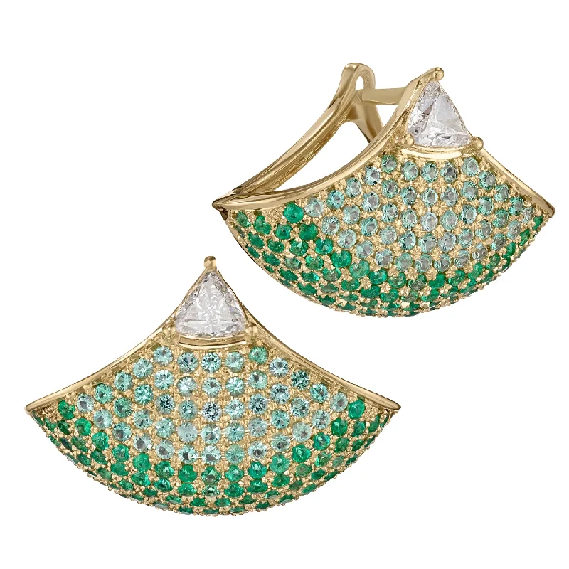 Best hoop earrings with oval shapes for a unique and elongated design-Diamond & Emerald Ombre Pave Fan Earrings