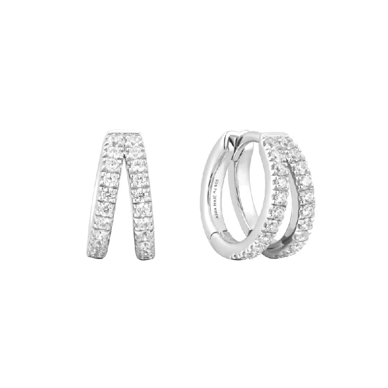 Hoop earrings with leather accents for a sleek and bold combination-Double Pave Huggie Earrings in Sterling Silver