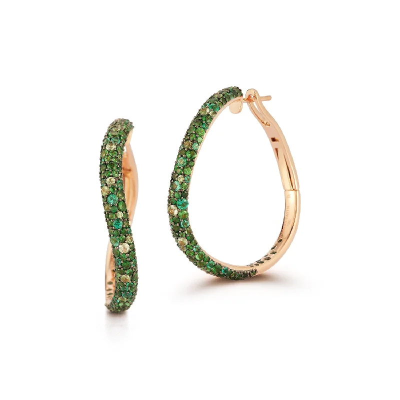 Best hoop earrings with matching bracelets for a coordinated jewelry set-JULIAN 18K GOLD AND GREEN EMERALD CURVED HOOP EARRINGS