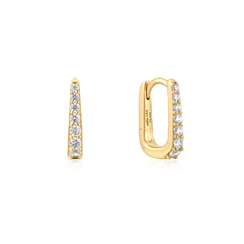 Best hoop earrings with geometric triangle shapes for a modern, chic design-Oval Pave Huggies in Gold Plated Sterling Silver