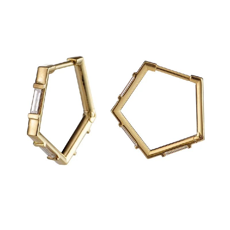 Hoop earrings with oversized designs for a bold, fashion-forward statement-Pentagon Shaped Hoop Earrings with Baguette Diamonds