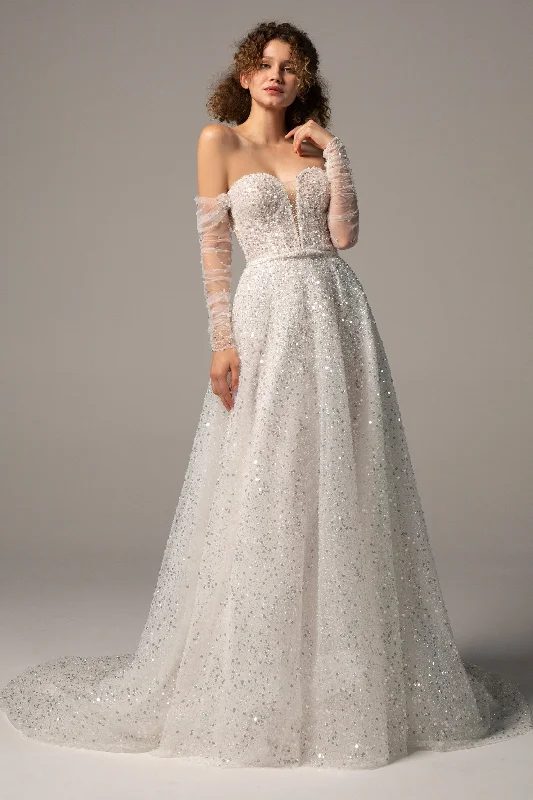 Beautiful necklaces and pendants with geometric shapes for a modern, artistic design-A-Line Court Train Sequined Wedding Dress CW2381