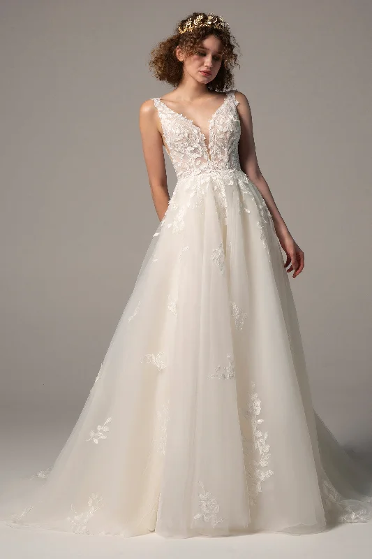 Necklaces and pendants with star-shaped designs for a whimsical, celestial touch-A-Line Court Train Tulle Wedding Dress CW2368