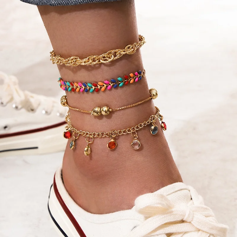 Best necklaces and pendants with opal and gold for a vibrant, luxurious contrast-Bohemia Colorful Crystal Anklet Set For Women Summer Beach Anklet