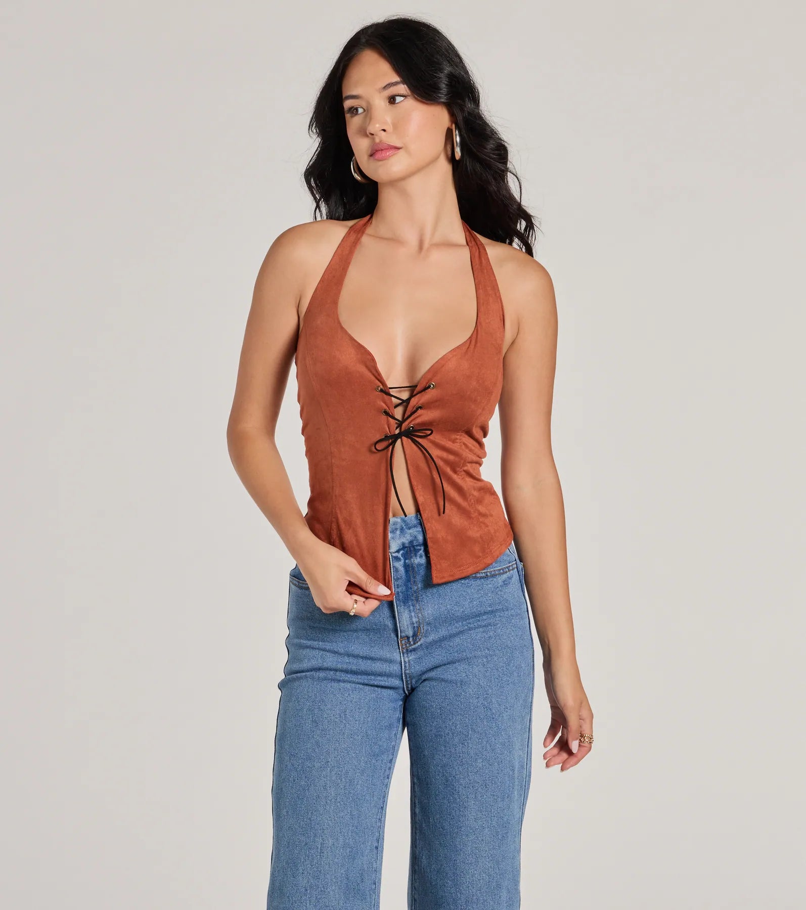 Trendy necklaces and pendants with statement pieces for a bold fashion statement-Country Girlie Halter Lace-Up Faux Suede Crop Top