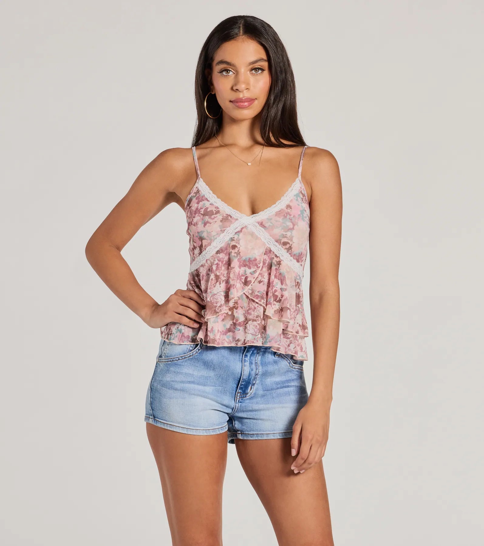 Necklaces and pendants with engraved messages for a deeply personal, sentimental gift-Crushin' On You Lace Trim Babydoll Floral Crop Top