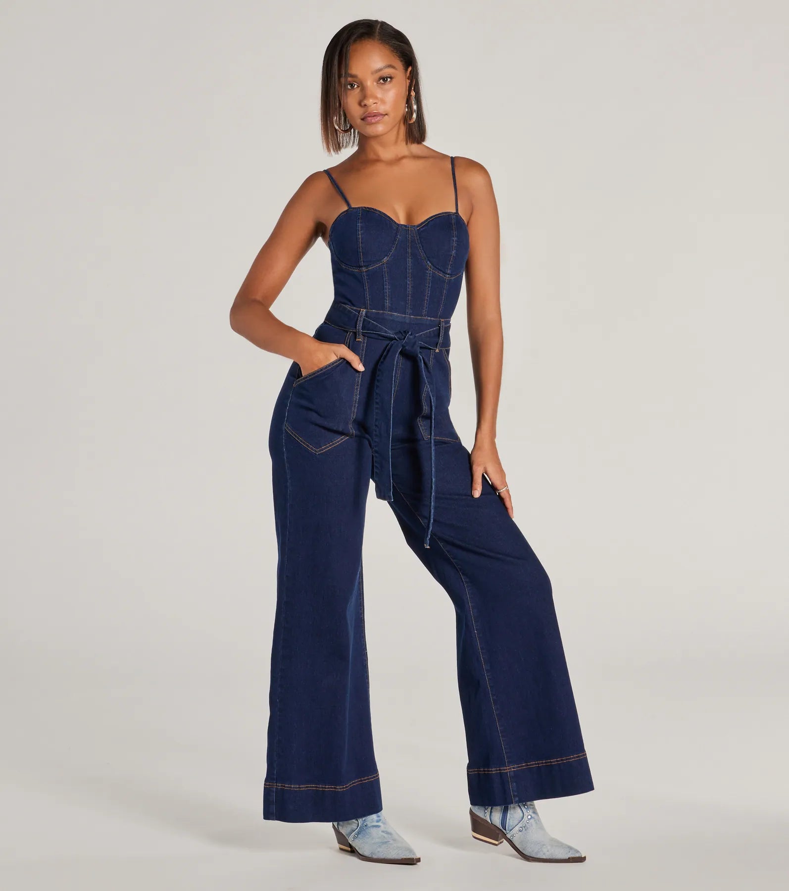 Trendy necklaces and pendants with geometric shapes for a modern aesthetic-New Era Sweetheart Flare Denim Jumpsuit