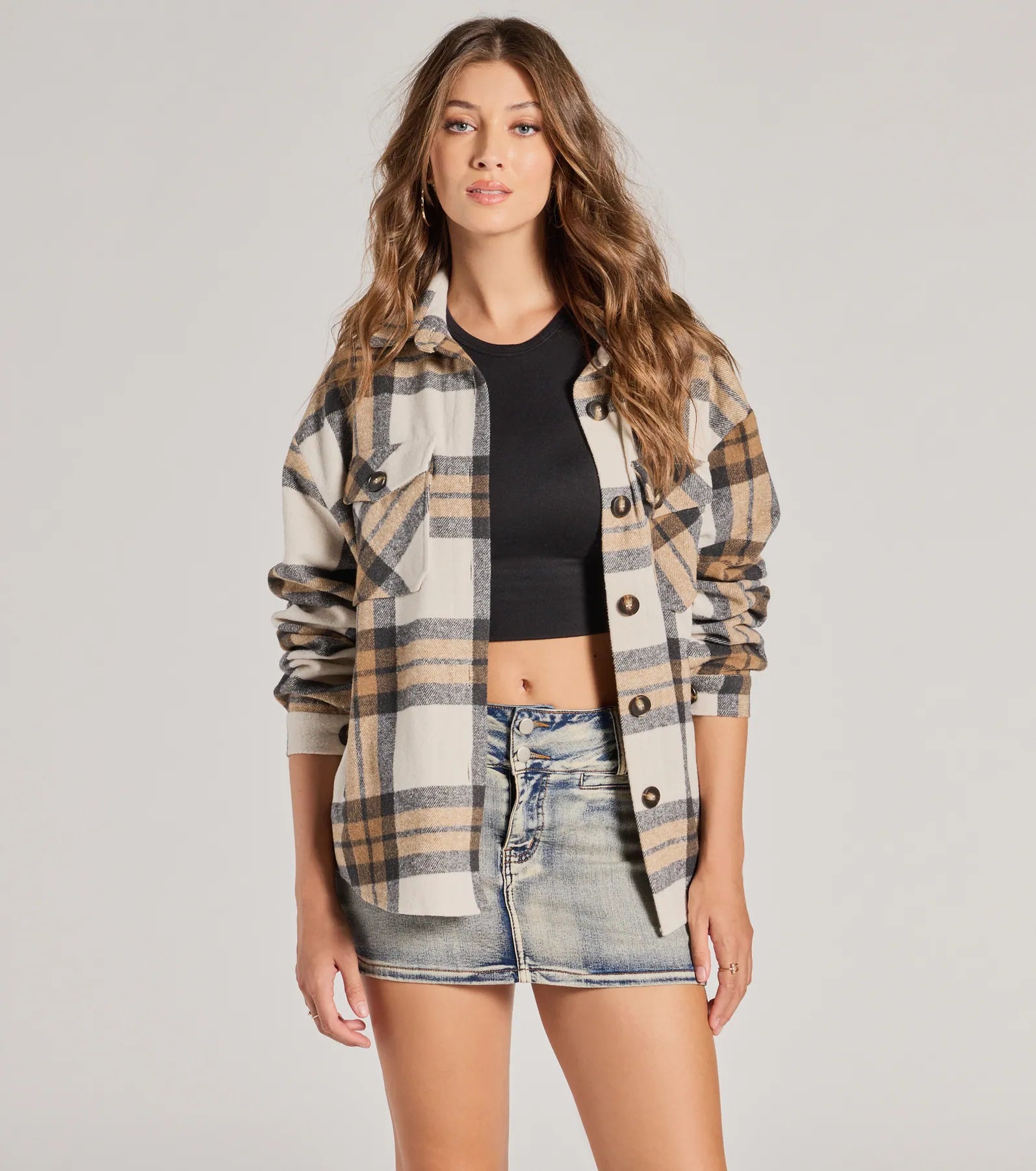 Beautiful necklaces and pendants with diamond halo settings for extra brilliance-Season Of Plaid Long Sleeve Oversized Shacket