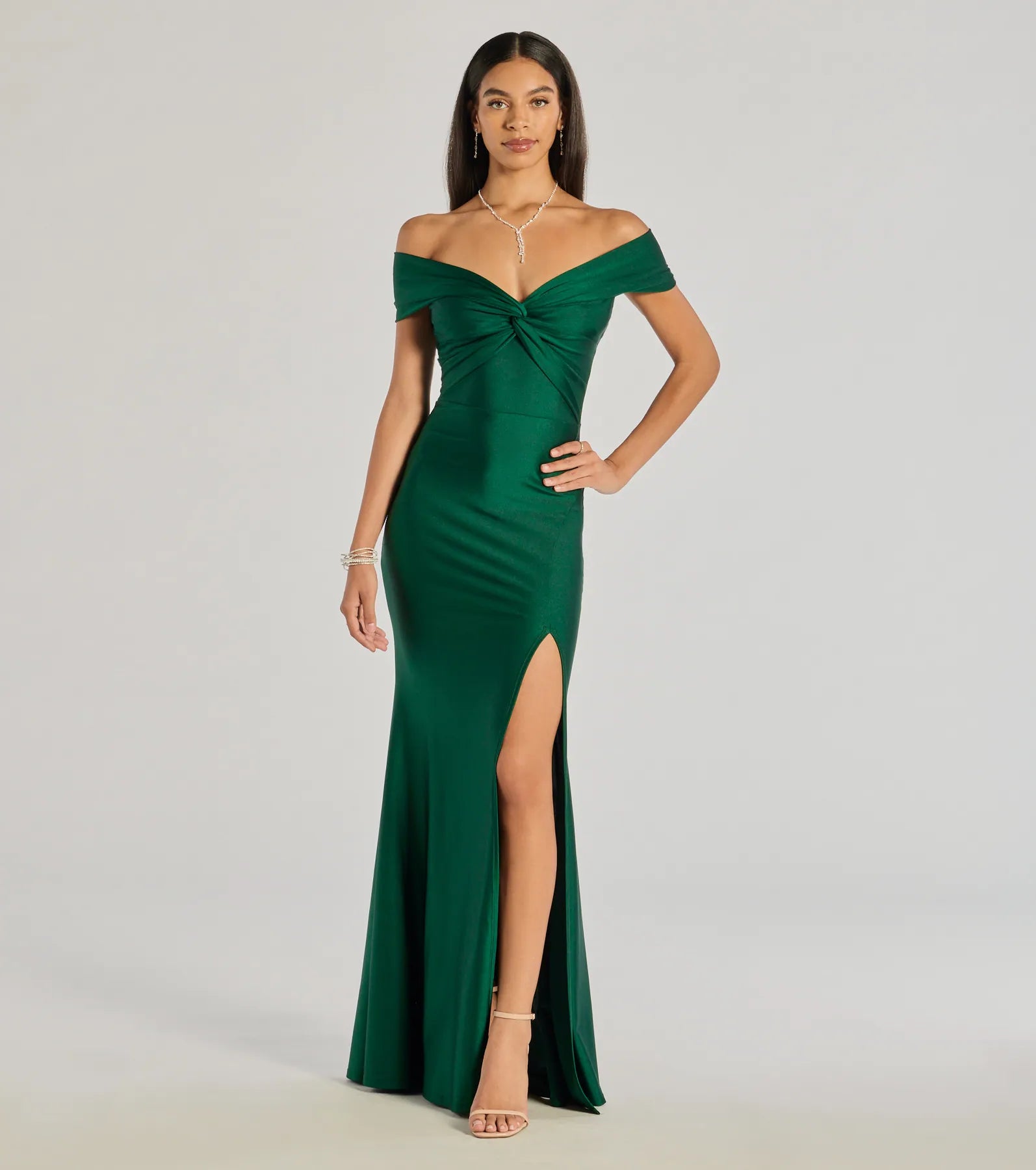 Best necklaces and pendants with art deco elements for a vintage, glamorous design-Steff Off-The-Shoulder Mermaid Slit Formal Dress