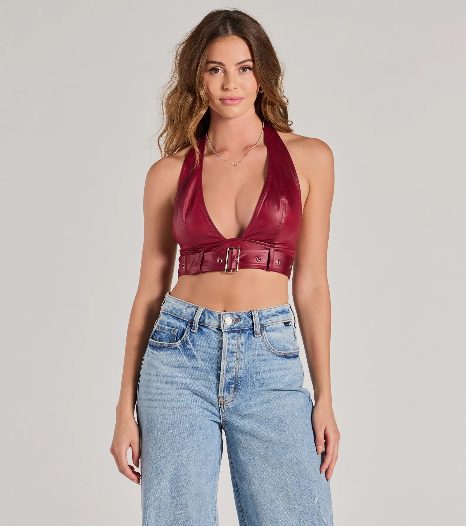 Necklaces and pendants with feather designs for a boho-chic, carefree vibe-Sultry Vibe Plunge Halter Faux Leather Crop Top